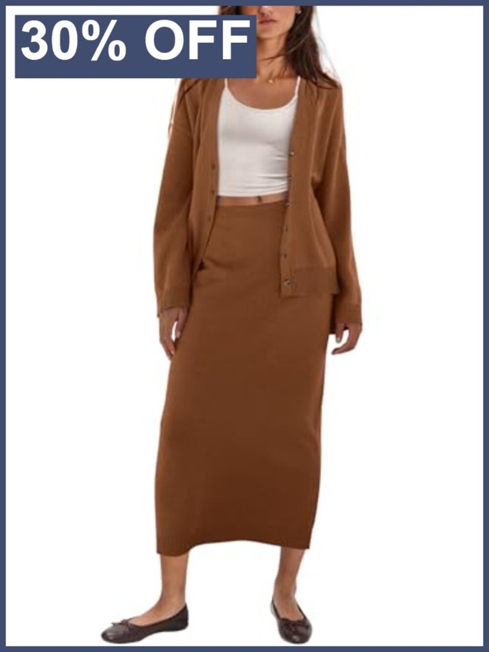 Womens 2 Piece Sweater Skirt Set V Neck Cardigan & Knit Maxi Skirt Lounge
